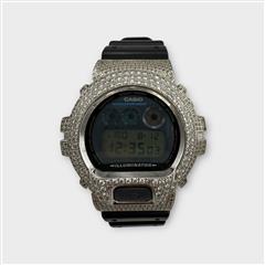 Casio G-Shock Black DW 6900 White Gold Alloy Iced Out Diamond Watch